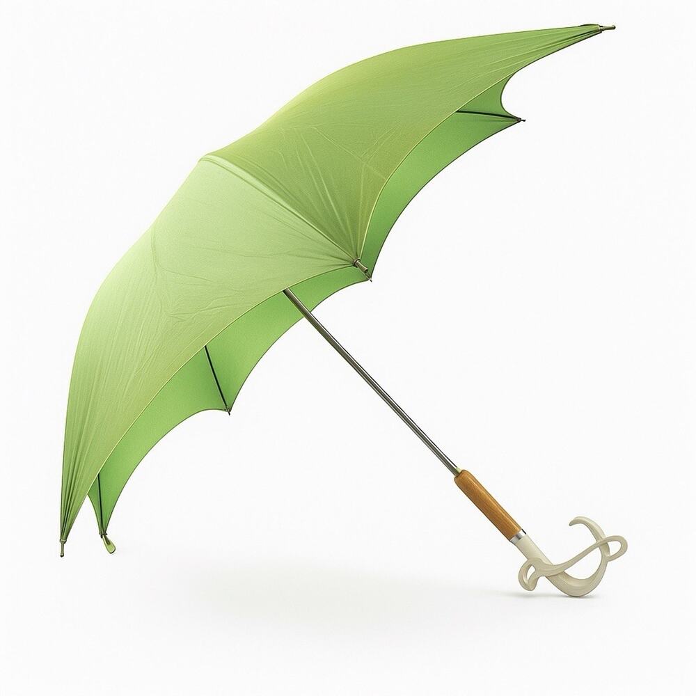 Vtg Southern Umbrella Green Nylon Parasol White Ribbon Handle Wood Grip MCM 70s